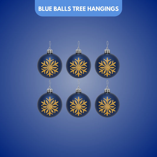 Christmas Blue Balls for Tree Ornaments with Golden Glitter - 6PC