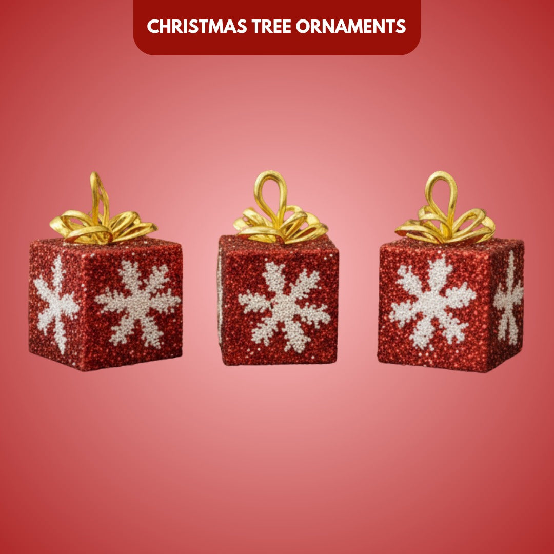 Christmas Gift Box with Red Glitter & Snowflakes - Set of 3