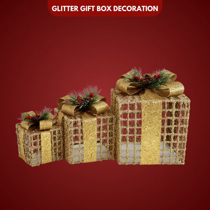 Glitter Wired Boxes with Golden Bow for Christmas Decoration - Set of 3