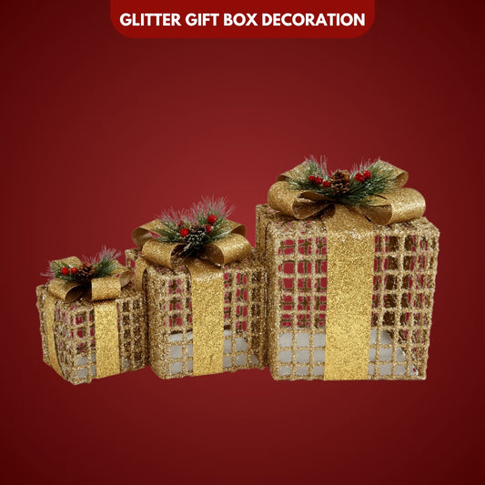 Glitter Wired Boxes with Golden Bow for Christmas Decoration - Set of 3