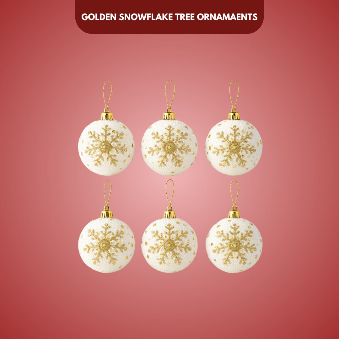 Christmas Glitter White Balls with Golden Snowflakes - 6PC