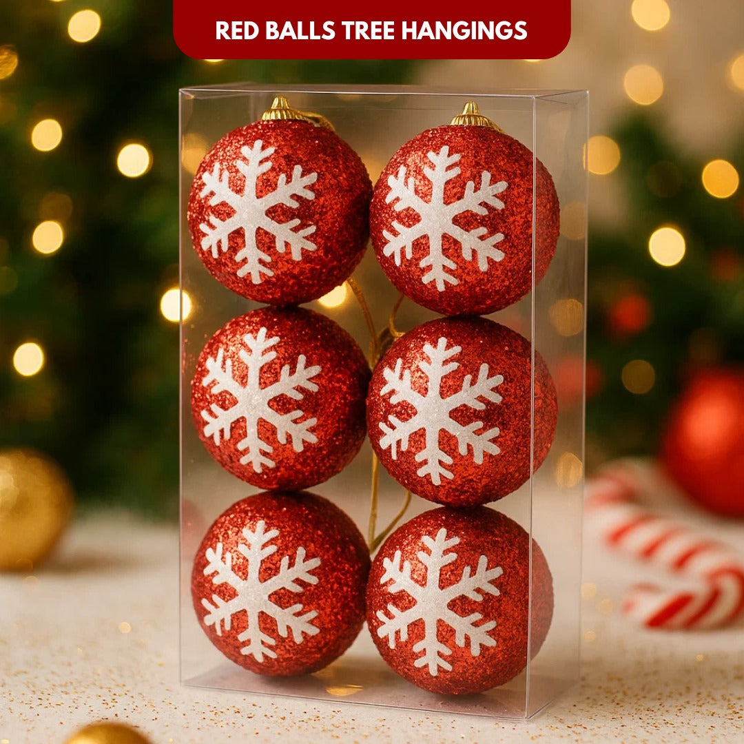 Christmas Red Glitter Balls with White Snowflakes - 6PC