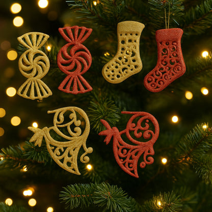 Christmas Stockings, Candy and Trumpet Tree Decoration Kit - Set of 6 PC