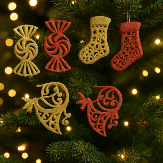 Christmas Stockings, Candy and Trumpet Tree Decoration Kit - Set of 6 PC