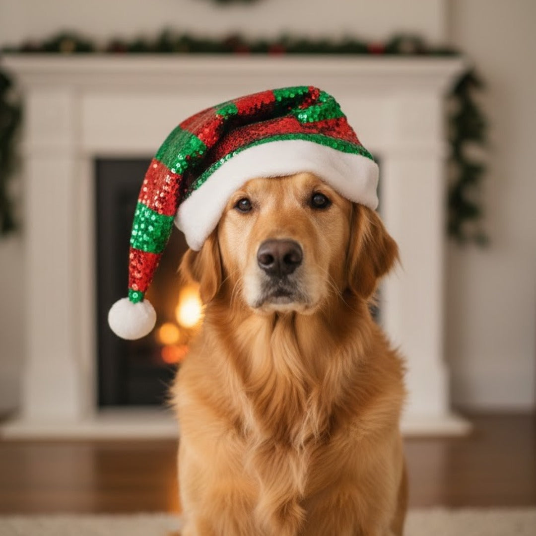 Santa Sequin Hat with Plush Puff Ball and Plush White Border