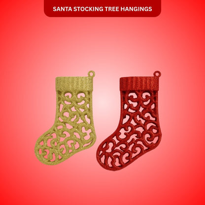 Christmas Tree Ornaments - Santa Stocking Hangings Red &amp; Gold - Set of 2PC