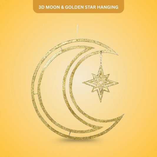 3D Moon & Star Hanging Decoration Golden- 1PC