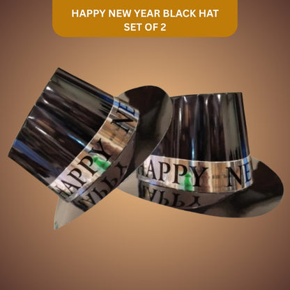 Happy New Year Black Hat w/Silver Text Print - Set of 2