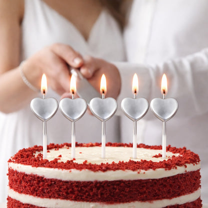 Glossy Silver Heart Shape Candle on Stick - 5PC