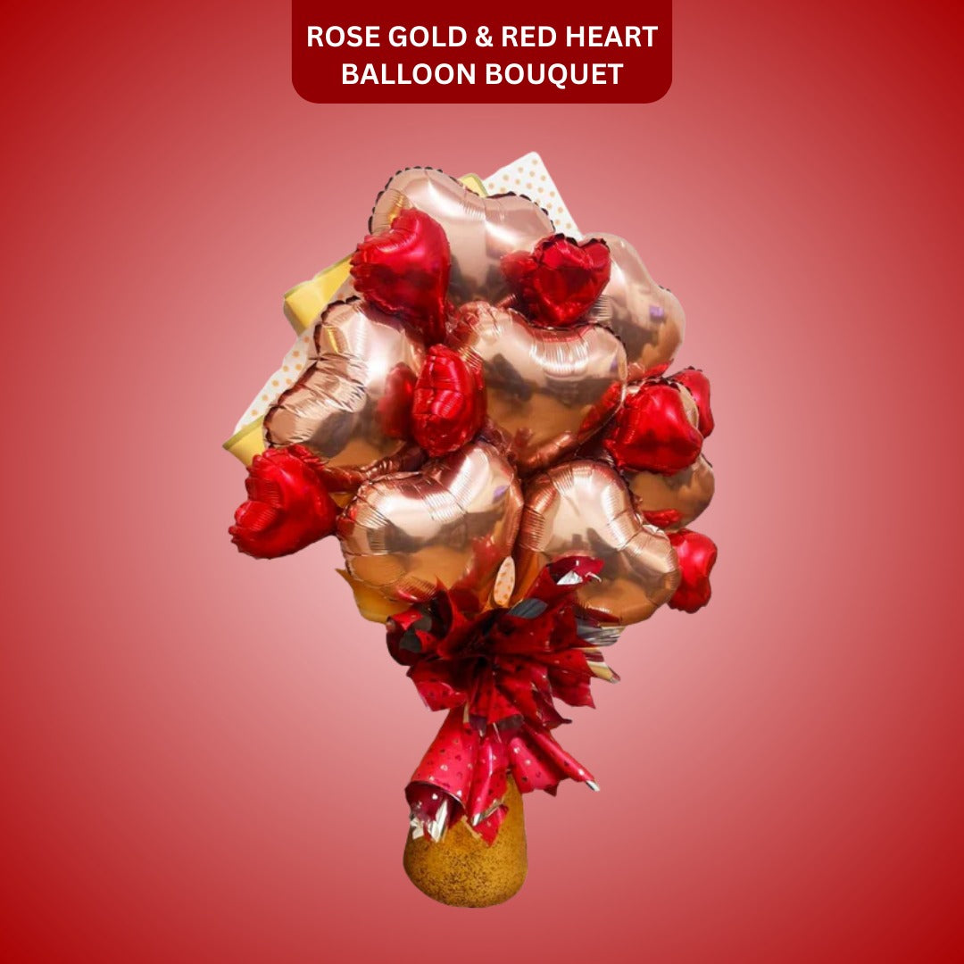 Rose Gold & Red Heart Shape Foil Balloon Bouquet Set - 14PC