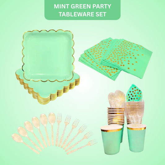 Mint Green Party Tableware Combo with Plates, Tissues, Cups, Spoons and Forks - 64PC - Serves Upto 10 Pax
