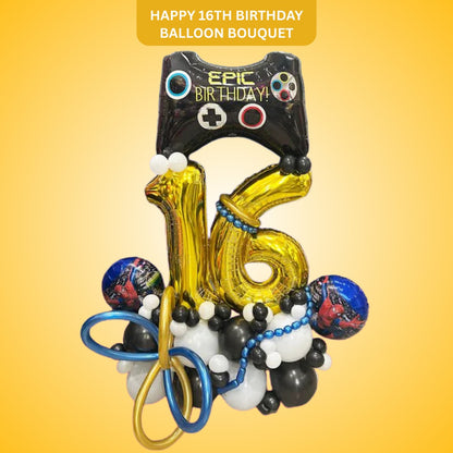 Balloon bouquet with 'Epic Birthday' controller and number 16