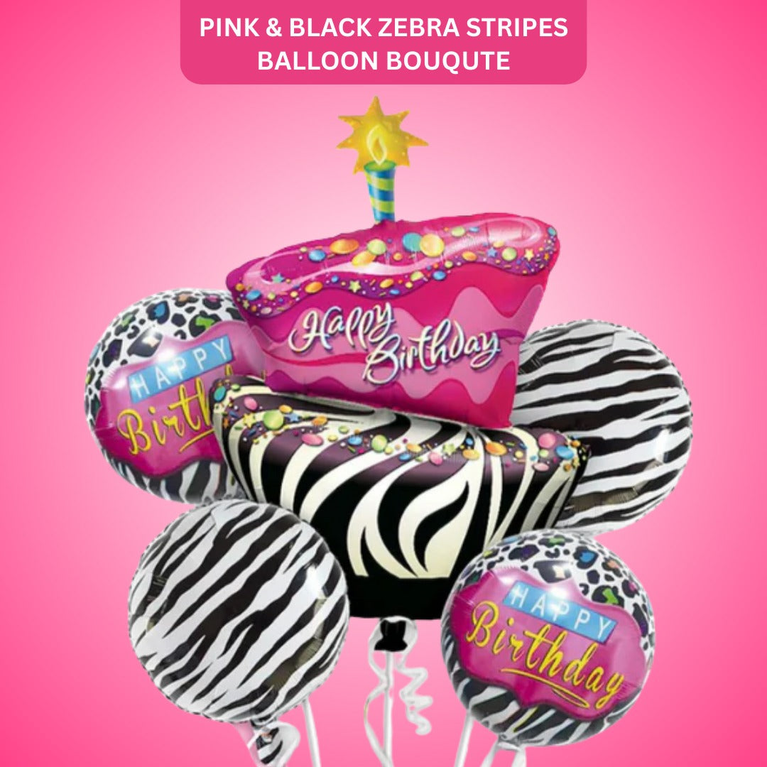 Happy Birthday Pink & Black Zebra Stripes Balloon - Helium Filled - 5PC