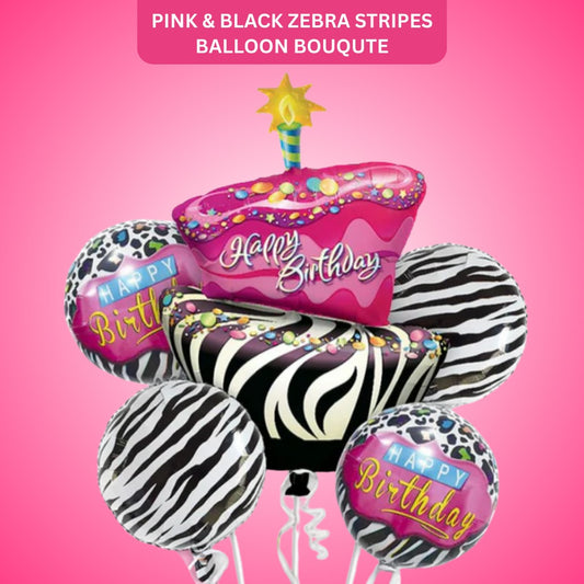 Happy Birthday Pink & Black Zebra Stripes Balloon - Helium Filled - 5PC