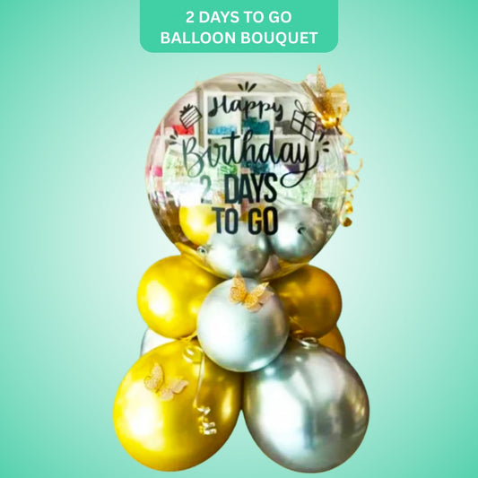 Balloon bouquet with 'Happy Birthday 2 Days to Go' message

