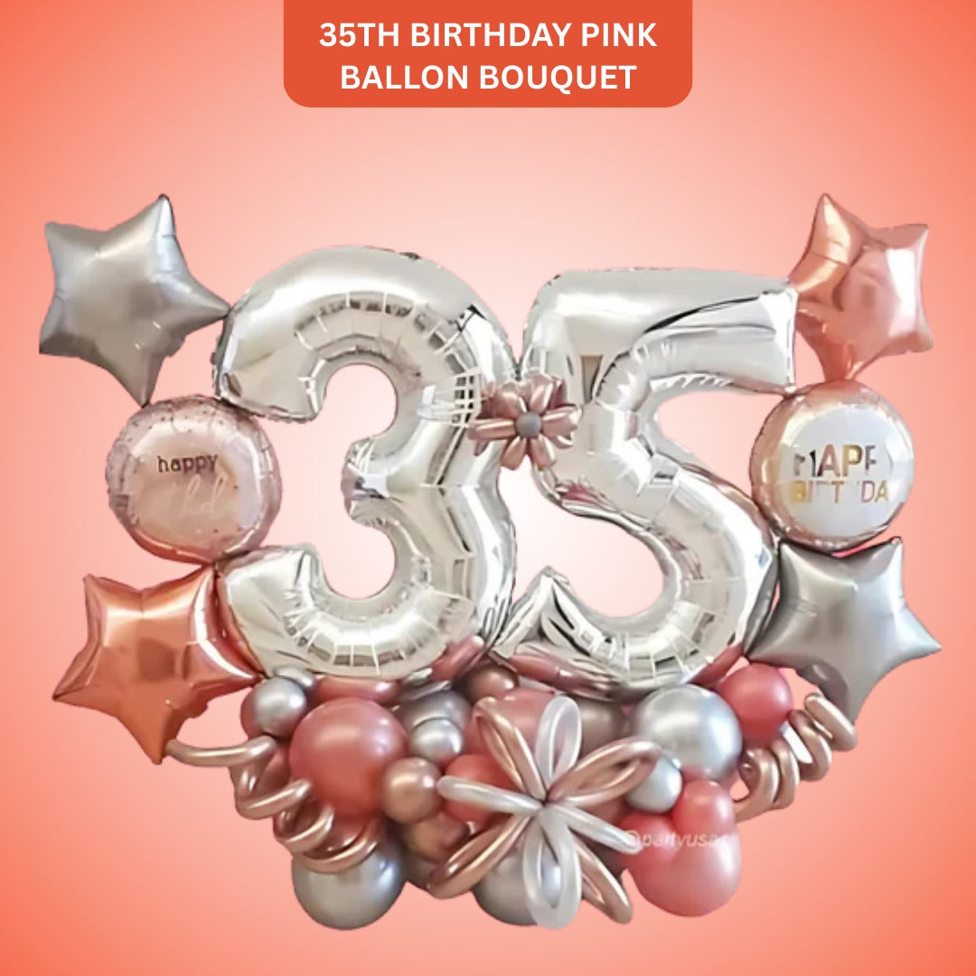 Happy 35th Birthday Pink & Silver Balloon Bouquet Set