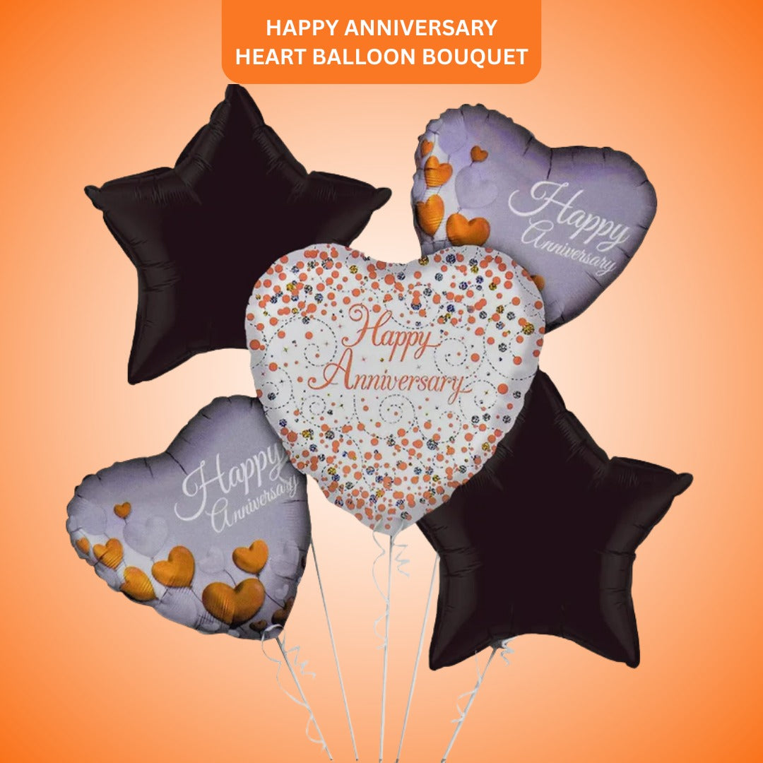 Happy Anniversary Heart & Star Shape Balloon Bouquet  - Helium Filled - 5PC