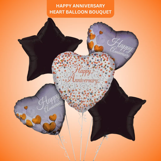 Happy Anniversary Heart & Star Shape Balloon Bouquet  - Helium Filled - 5PC