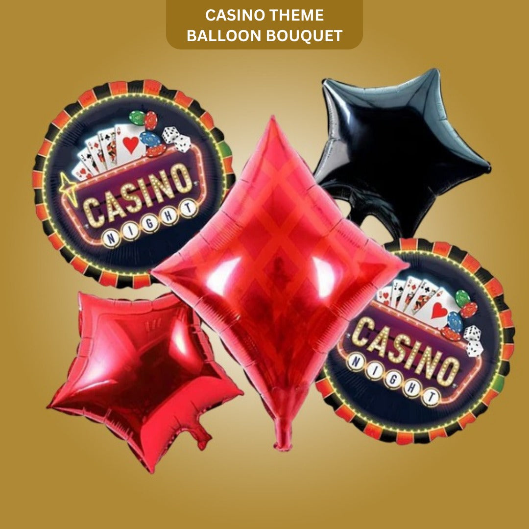 Casino Theme Balloon Set w/ Diamond Shape Red & Black Foil Balloon - Helium Quality - 5PC