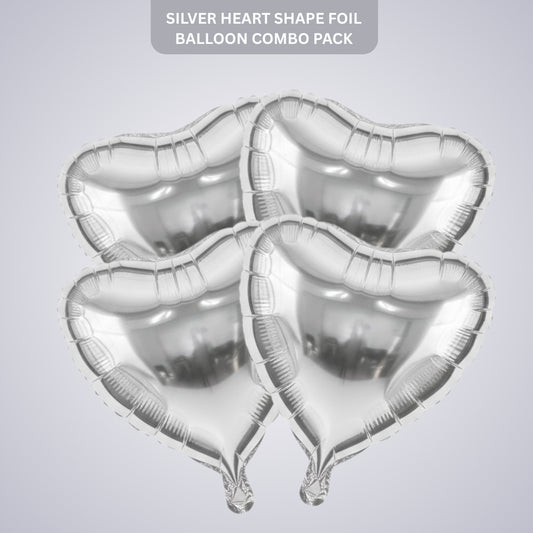 Silver Heart Shape Foil Balloon Combo Pack - Helium Quality -18 inches -  4PC