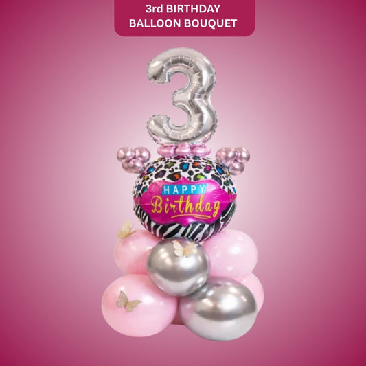 Designer Pink & Silver Balloon Bouquet Arrangement with 3D Butterflies for 3rd Birthday