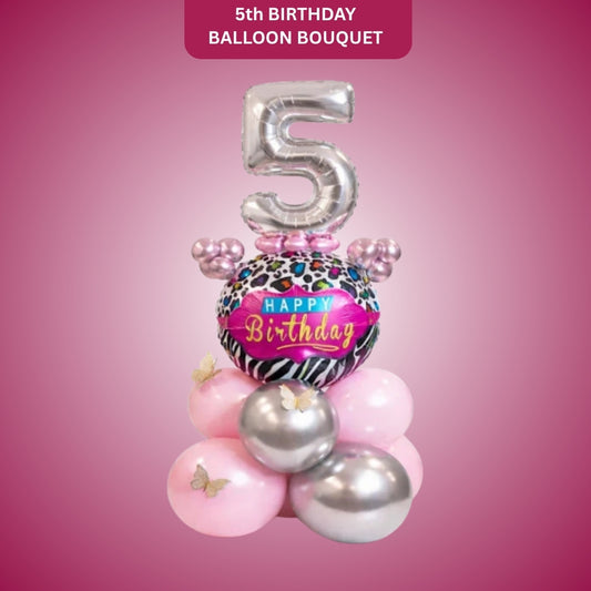 Designer Pink & Silver Balloon Bouquet Arrangement with 3D Butterflies for 5th Birthday