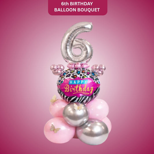 Designer Pink & Silver Balloon Bouquet Arrangement with 3D Butterflies for 6th Birthday