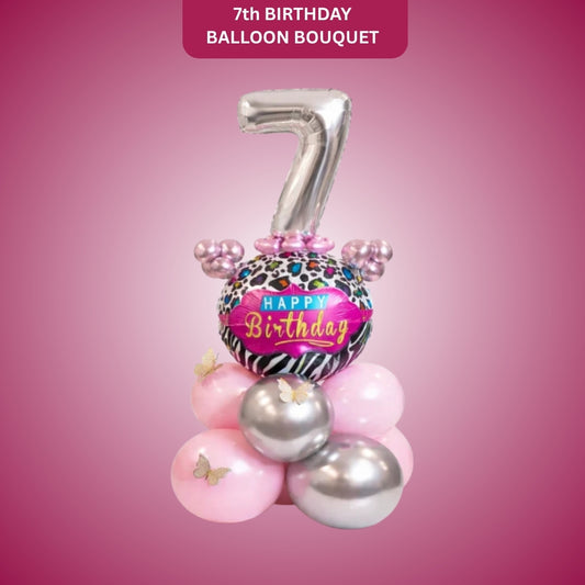 Designer Pink & Silver Balloon Bouquet Arrangement with 3D Butterflies for 7th Birthday