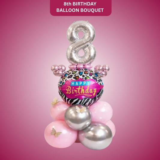 Designer Pink & Silver Balloon Bouquet Arrangement with 3D Butterflies for 8th Birthday