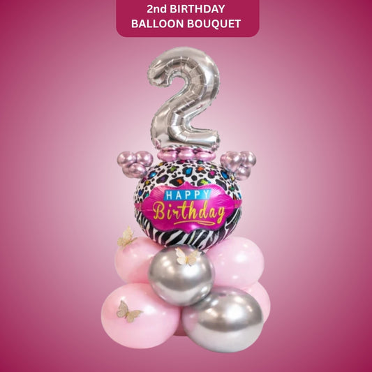 Designer Pink & Silver Balloon Bouquet Arrangement with 3D Butterflies for 2nd Birthday