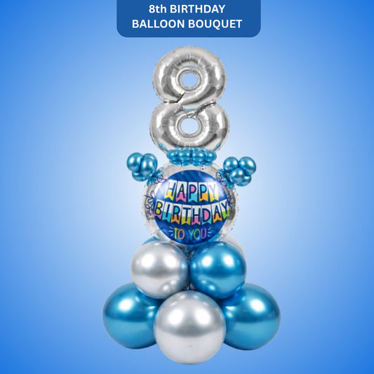 Designer Blue & Silver Balloon Bouquet Arrangement for 8th Birthday