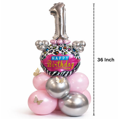 Designer Pink & Silver Balloon Bouquet Arrangement with 3D Butterflies for 1st Birthday