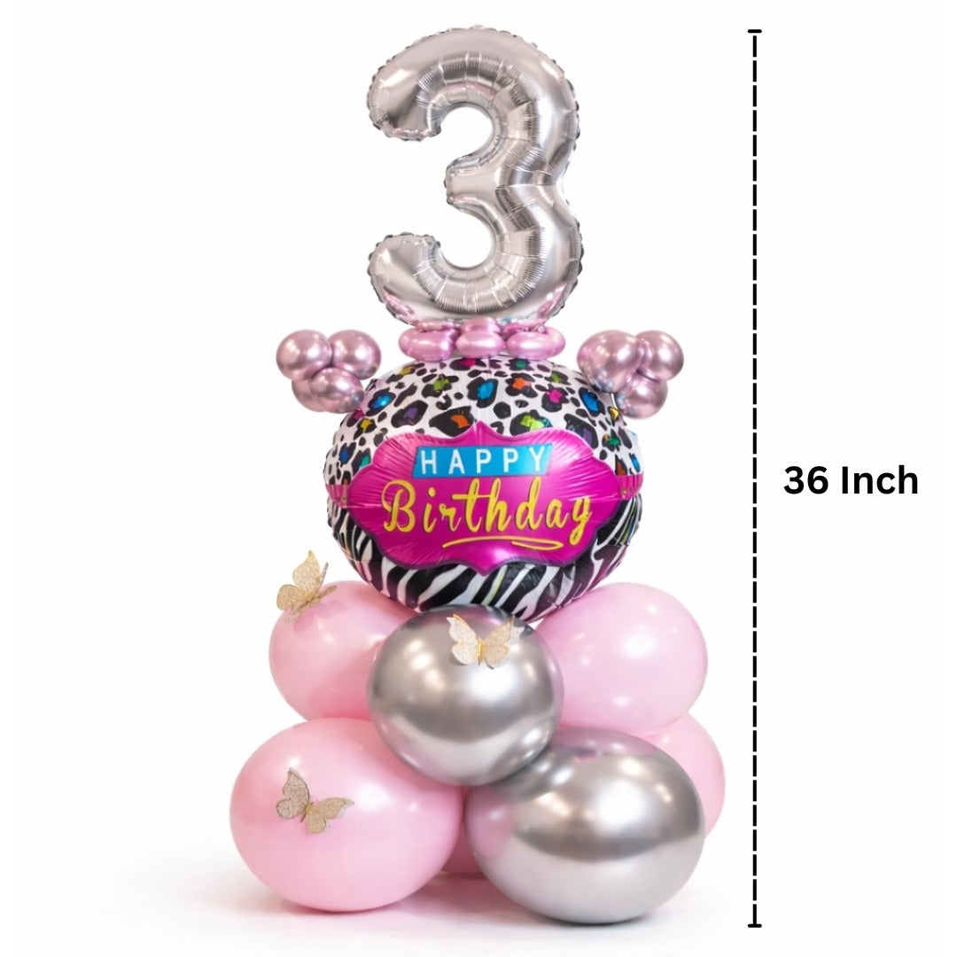 Designer Pink & Silver Balloon Bouquet Arrangement with 3D Butterflies for 3rd Birthday