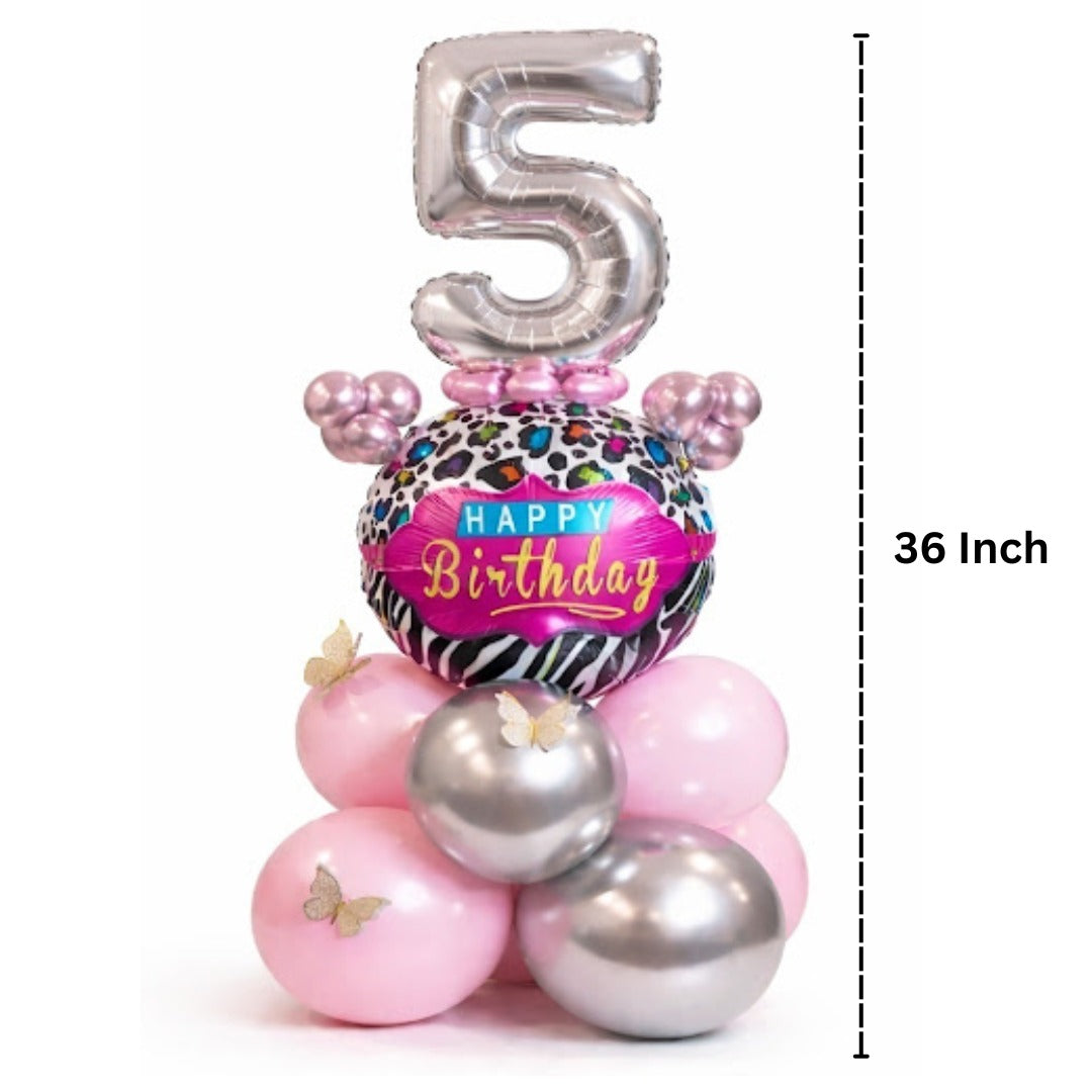 Designer Pink & Silver Balloon Bouquet Arrangement with 3D Butterflies for 5th Birthday
