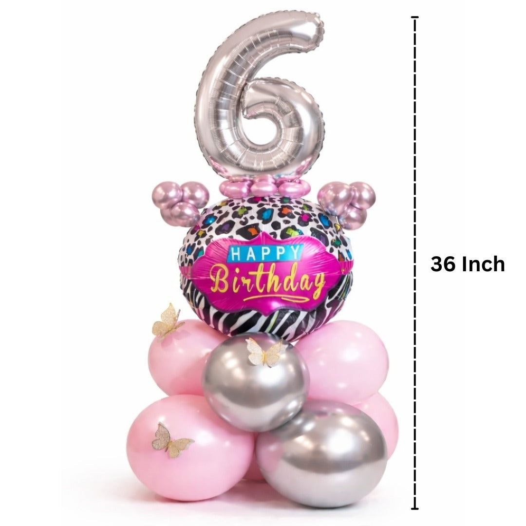 Designer Pink & Silver Balloon Bouquet Arrangement with 3D Butterflies for 6th Birthday