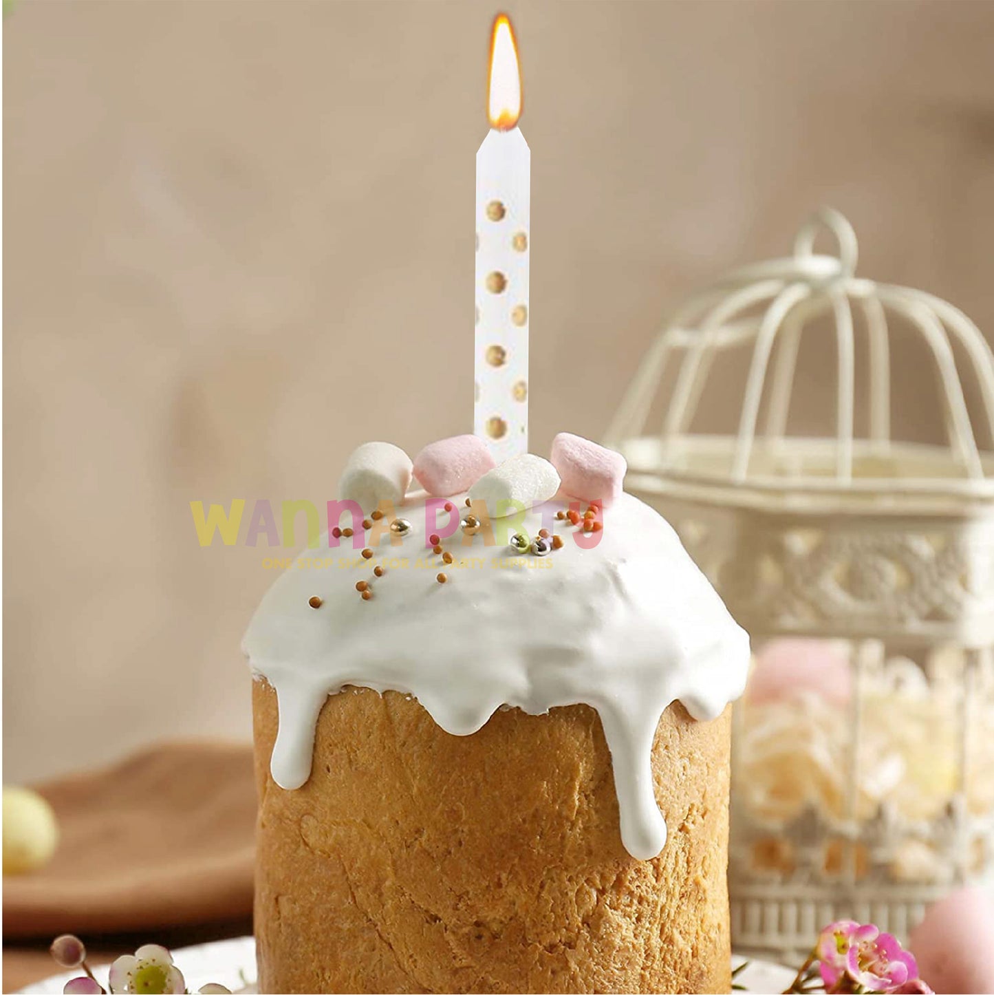 White Candle w/ Golden Polka Dots - 12PC