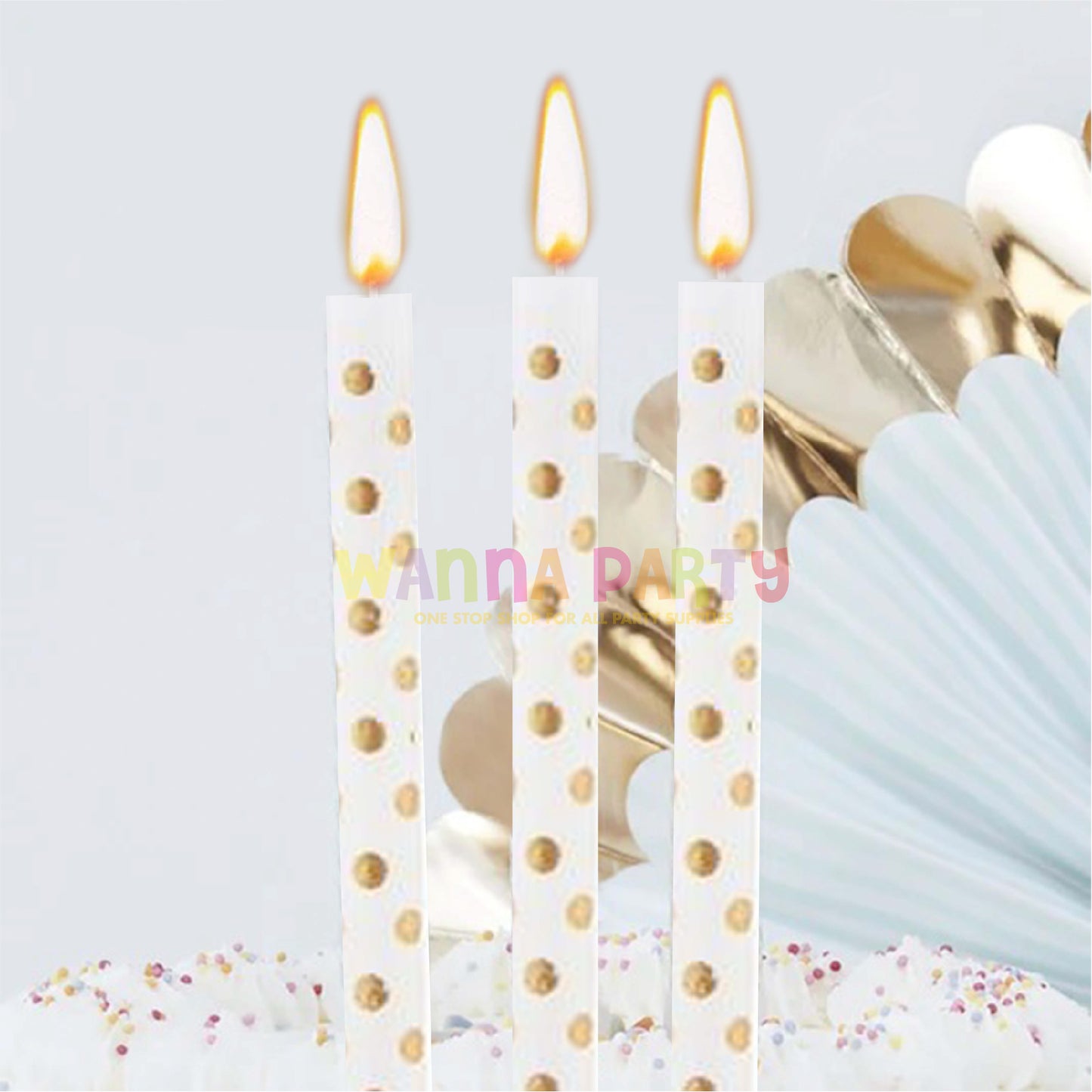 White Candle w/ Golden Polka Dots - 12PC