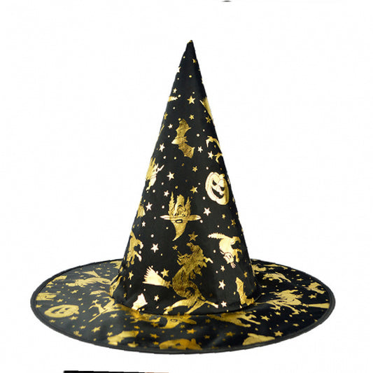 Witch Hat with Golden Pumpkin Bat Print for Halloween - 1PC