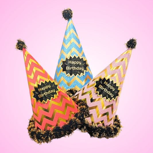 Happy Birthday Multicolor Hats Combo with Chevron Print laced with Pom Pom - 3PC