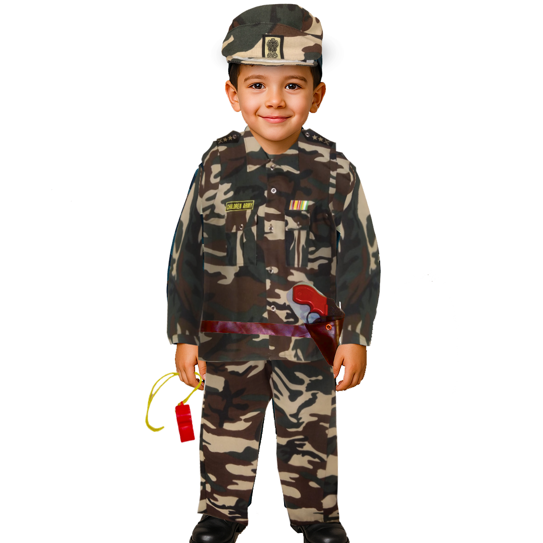 Army Costume w/ Cap, Toy Gun, Whistle for Kids - Size S - Age 3 to5 - 1PC