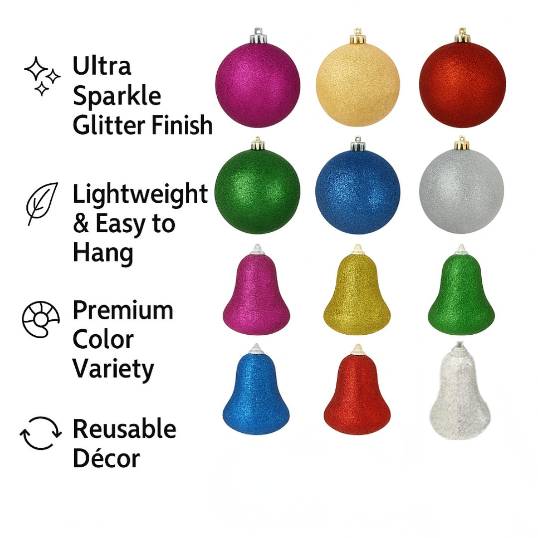 Christmas Glittery Ball & Bells for Xmas Tree Decoration Combo Kit - 12PC