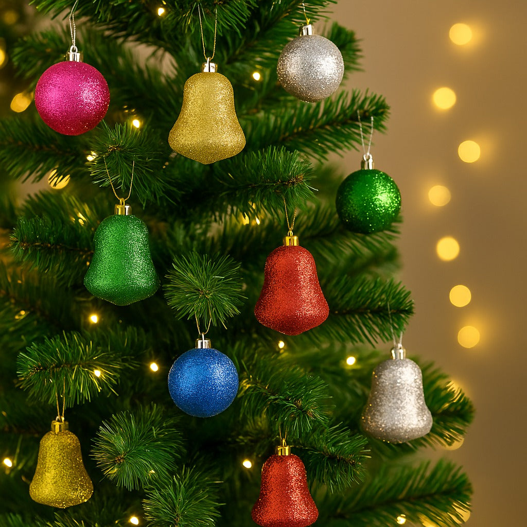Christmas Glittery Ball & Bells for Xmas Tree Decoration Combo Kit - 12PC