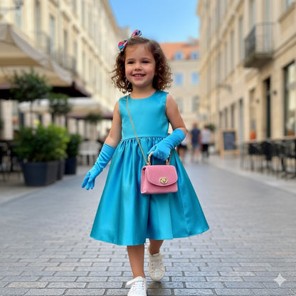 Long Satin Blue Gloves for Kids
