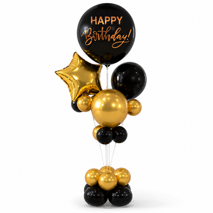 Black & Gold Happy Birthday Balloon Bouquet Stand Set - 21 Pcs | Balloons with Plum Blossom Base, Holder & Fiber Rods | Table Centerpiece Decoration for Birthday Party - 1 Set