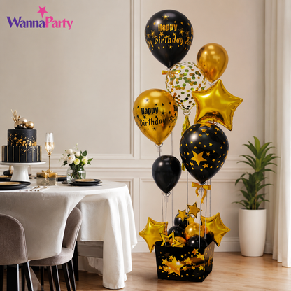Black and Golden Balloon Bouqet Set with Base Stand - 16PC | Table Centerpiece Decoration | Foli Star & Printed Latex Balloons - 1 Set