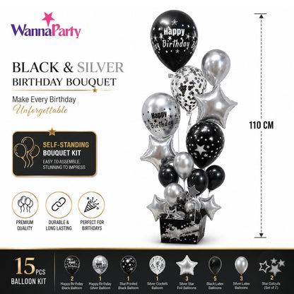 Black and Silver Balloon Bouqet Set with Base Stand - 16PC | Table Centerpiece Decoration | Foli Star & Printed Latex Balloons - 1 Set