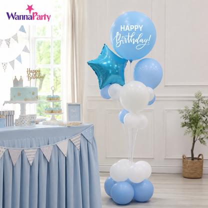 Blue & White Happy Birthday Balloon Bouquet Stand Set - 21 Pcs | Balloons with Plum Blossom Base, Holder & Fiber Rods, Table Centerpiece Decoration for Kids Adults Party - 1 Set