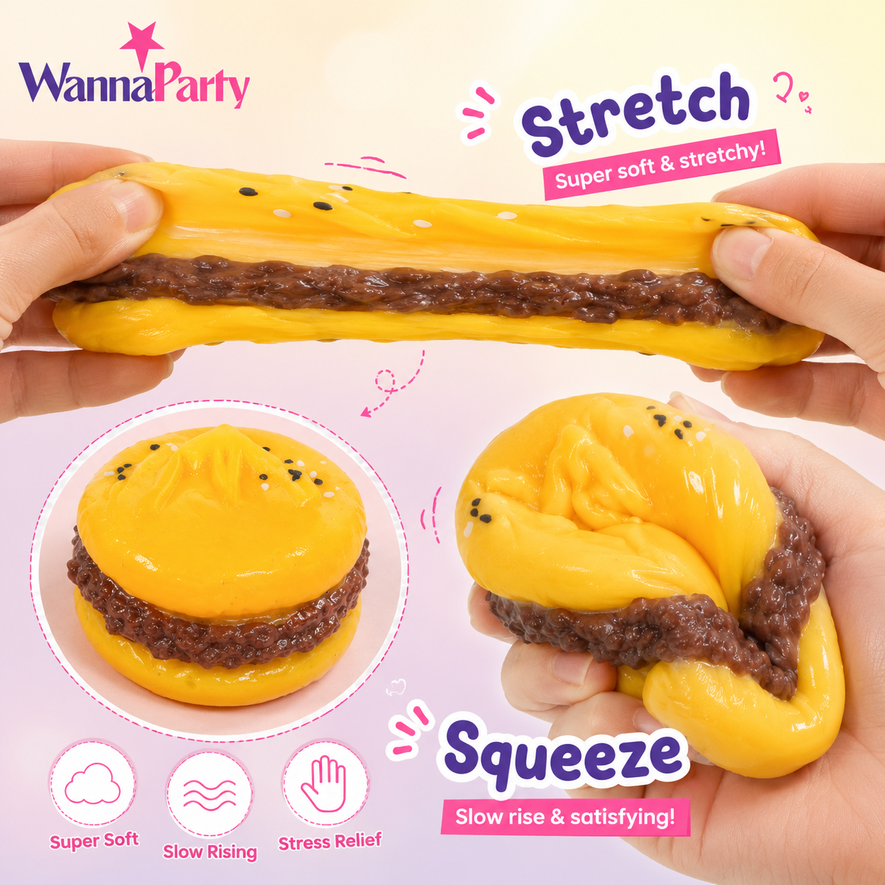 Cute Burger Taba Squishy Toy | Soft Slow Rebound Food Shaped Squeeze Toy for Kids, Stress Relief Toy, Party Favors, Return Gifts, Loot Bags & Pinata Fillers – 1PC