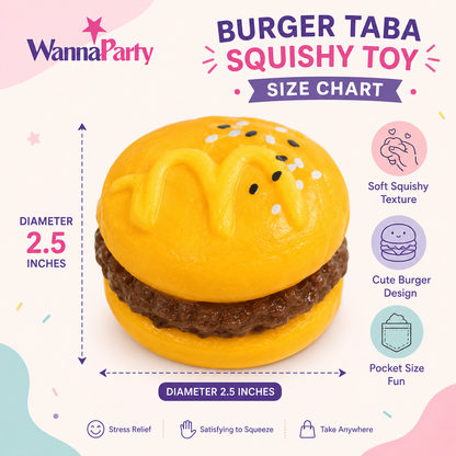 Cute Burger Taba Squishy Toy | Soft Slow Rebound Food Shaped Squeeze Toy for Kids, Stress Relief Toy, Party Favors, Return Gifts, Loot Bags & Pinata Fillers – 1PC