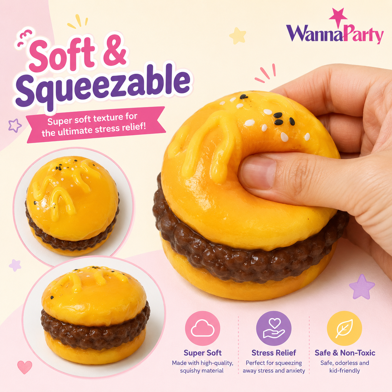 Cute Burger Taba Squishy Toy | Soft Slow Rebound Food Shaped Squeeze Toy for Kids, Stress Relief Toy, Party Favors, Return Gifts, Loot Bags & Pinata Fillers – 1PC